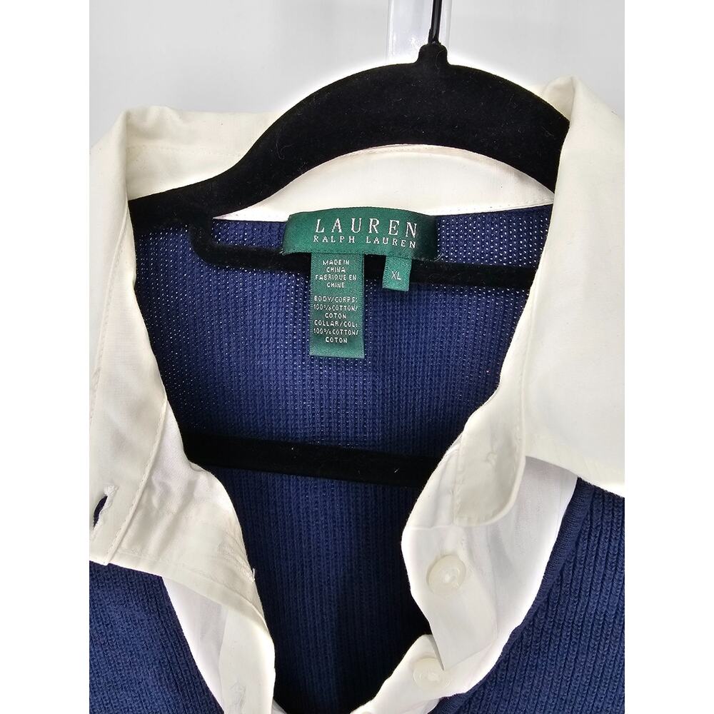 Lauren Ralph Lauren Womens Sz XL Layered Knit Blouse Blue w/ White Collar - Picture 3 of 4